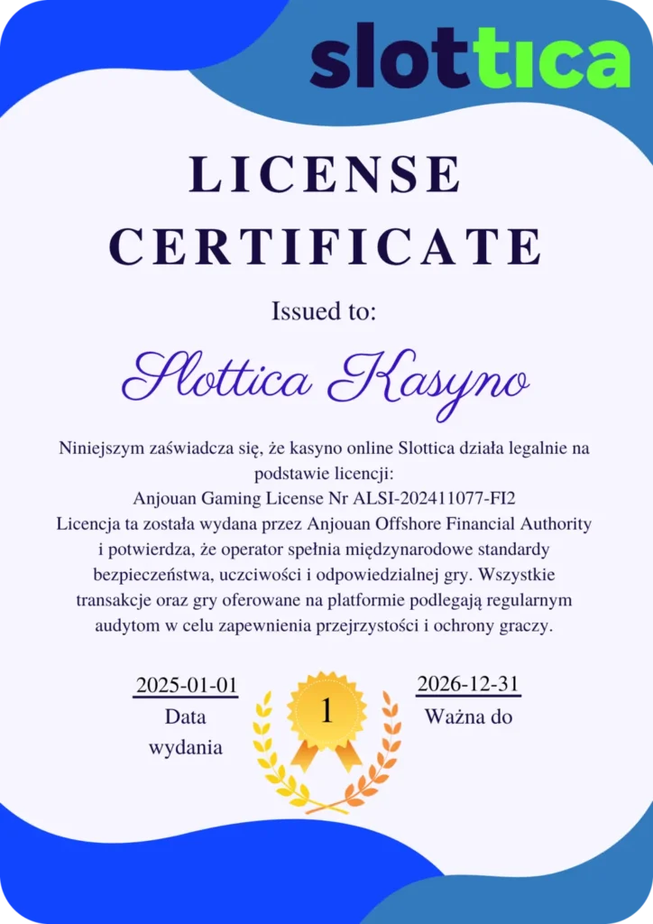 Certyfikat licencji kasyna online Slottica – Anjouan Gaming License nr ALSI-202411077-FI2