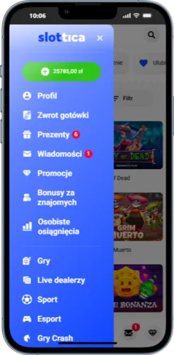 Panel boczny aplikacji Slottica z menu użytkownika i kategoriami gier.