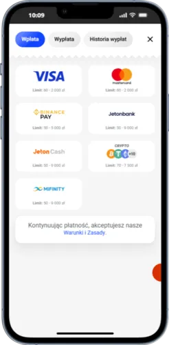 Ekran wpłat w aplikacji Slottica z dostępnymi metodami płatności.