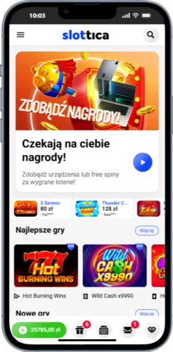 Strona główna aplikacji Slottica z promocjami, slotami i sekcją najlepszych gier.