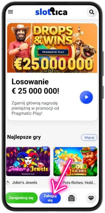Przycisk logowania na stronie Slottica