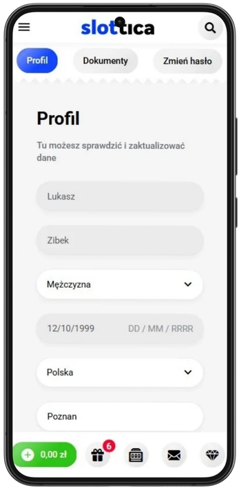 Panel gracza po zalogowaniu do Slottica