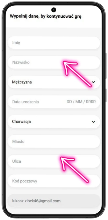 Potwierdzenie danych użytkownika w Slottica